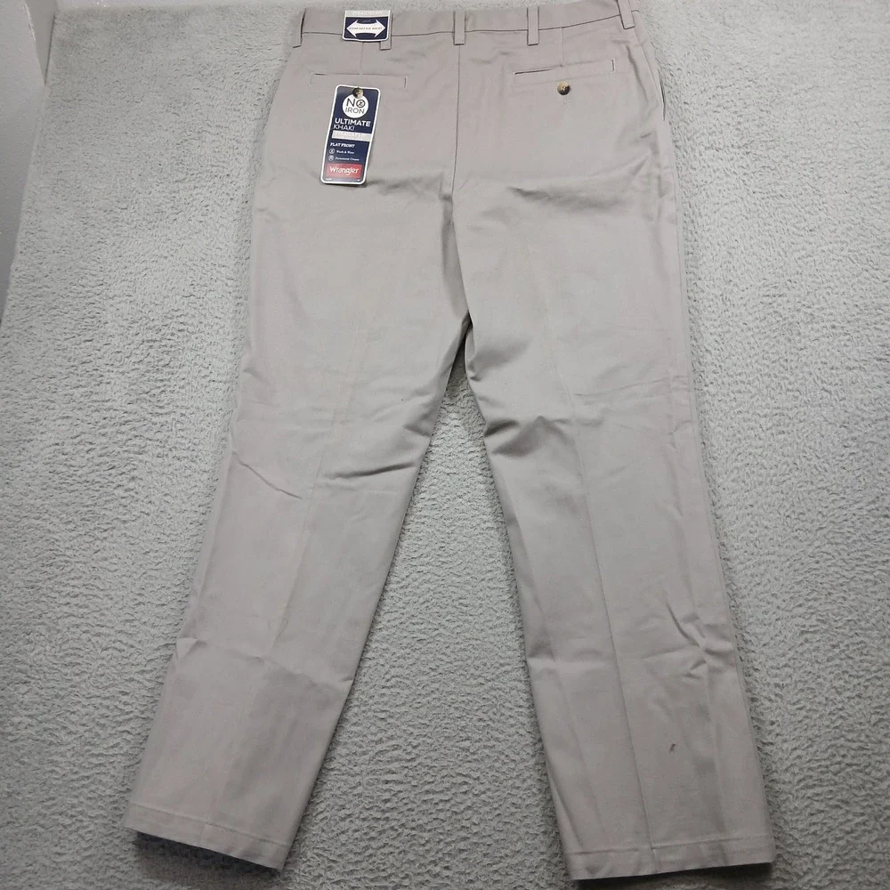 Wrangler Ultimate Khaki Pants Mens‎ 36x32 Tan No Iron Flat Front Straight NWT